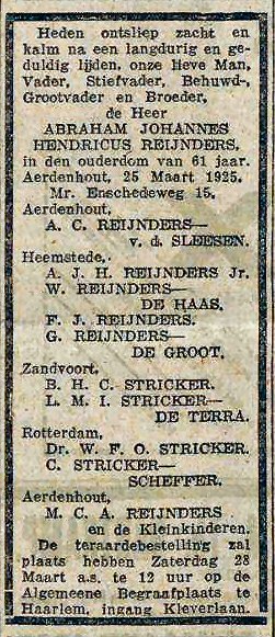 Overlijdensbericht schoonvader Reijnders
